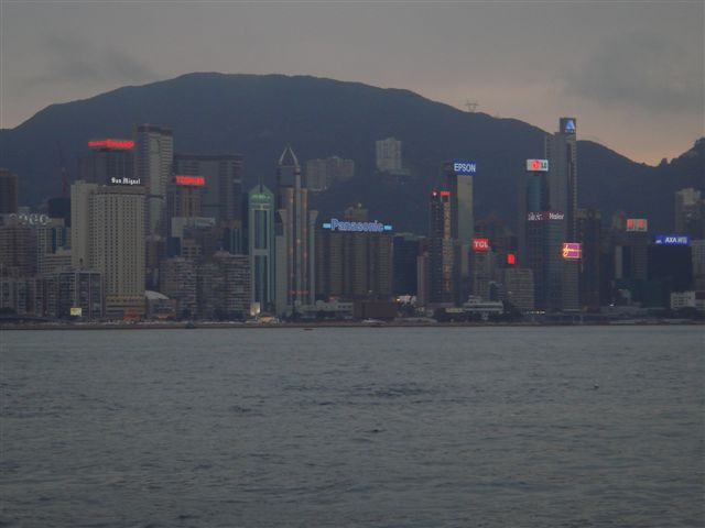 Hong Kong Skyline from water with company signs on top of Skyscrapers