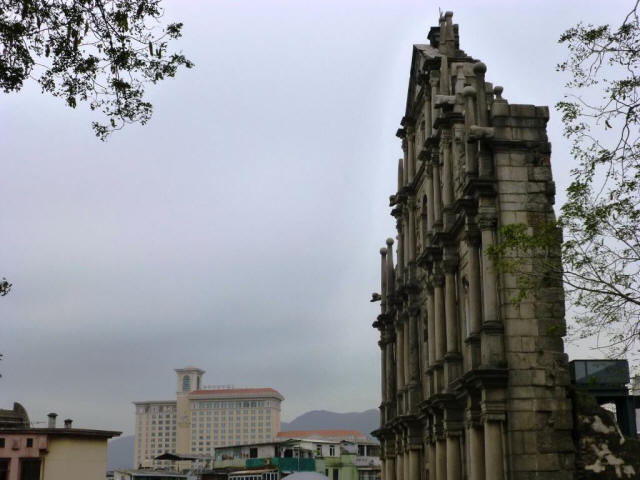 Macau huge hotel in background ruine old